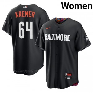 #64 Dean Kremer Black Baltimore O's Women Official Stitch City Connect Baseball Jersey vSr8g427